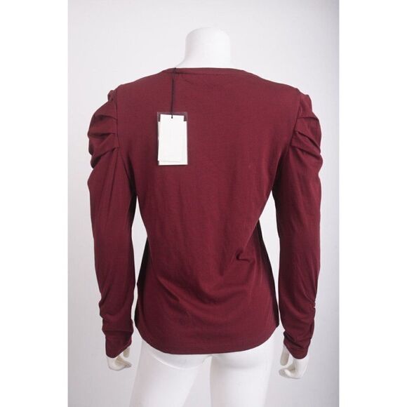 7 For All Mankind Womans Pleated Top Shirt M Burgundy Maroon Puff sleeve NWT - Picture 5 of 6